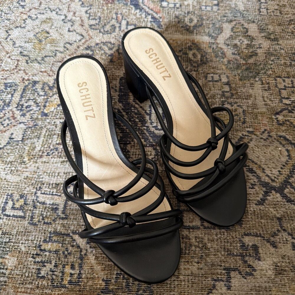 Schutz Black Leather Strappy Slide Sandals Block Heel Slip On US 6.5 NWOB
